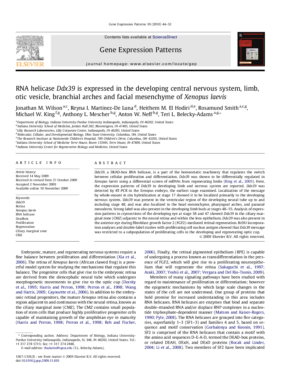 RNA helicase Ddx39 is expressed in the developing central nervous system, limb, otic vesicle, branchial arches and facial mesenchyme of Xenopus laevis