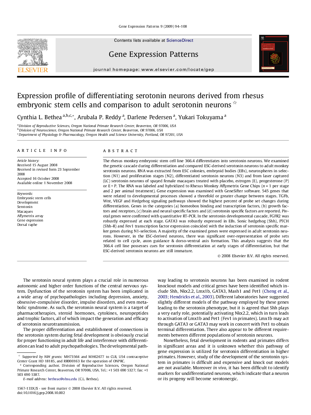 Expression profile of differentiating serotonin neurons derived from rhesus embryonic stem cells and comparison to adult serotonin neurons 