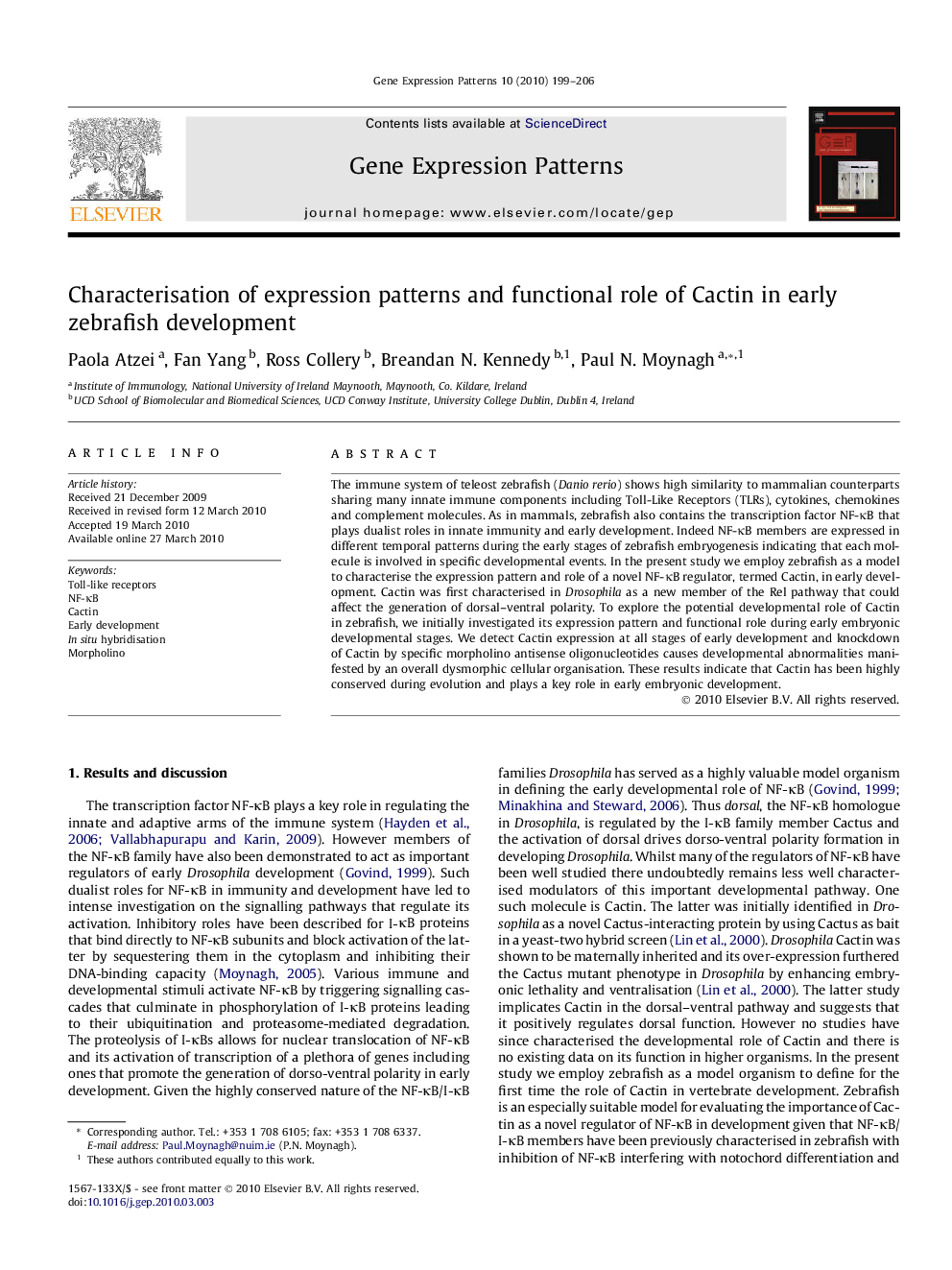 Characterisation of expression patterns and functional role of Cactin in early zebrafish development