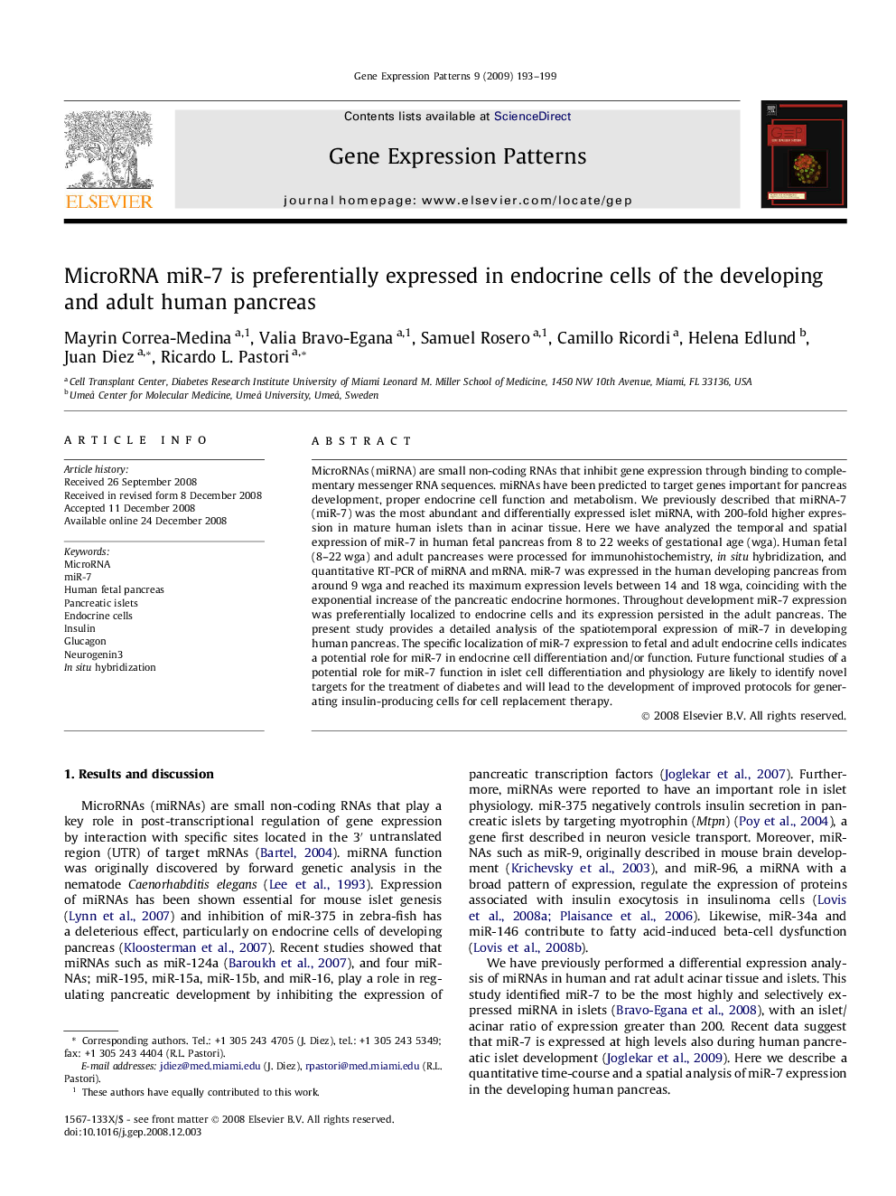 MicroRNA miR-7 is preferentially expressed in endocrine cells of the developing and adult human pancreas