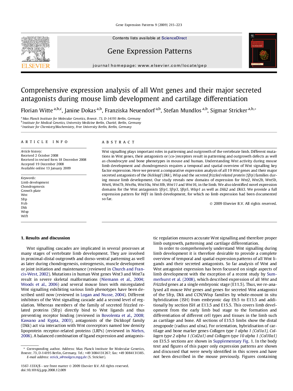 Comprehensive expression analysis of all Wnt genes and their major secreted antagonists during mouse limb development and cartilage differentiation