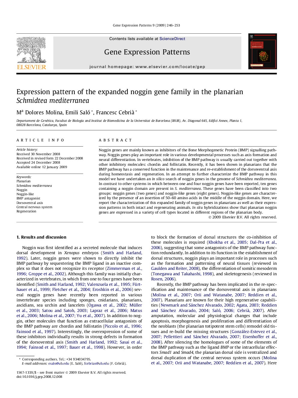 Expression pattern of the expanded noggin gene family in the planarian Schmidtea mediterranea