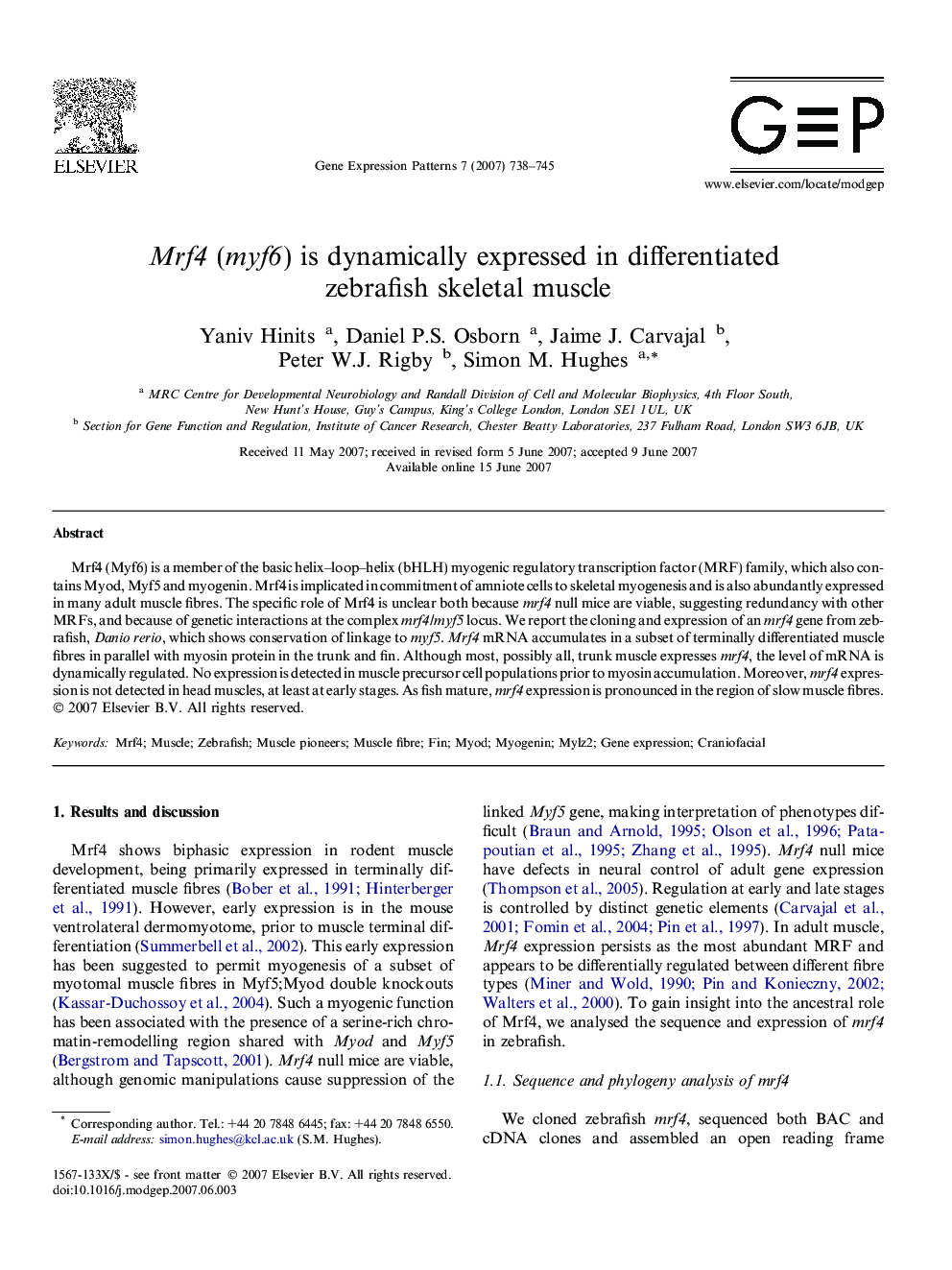 Mrf4 (myf6) is dynamically expressed in differentiated zebrafish skeletal muscle