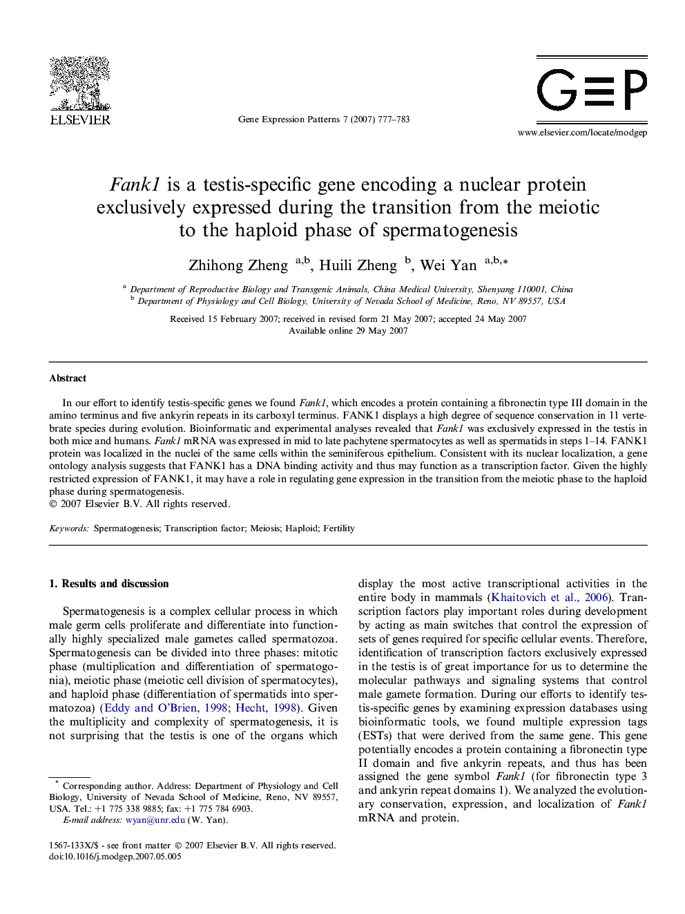 Fank1 is a testis-specific gene encoding a nuclear protein exclusively expressed during the transition from the meiotic to the haploid phase of spermatogenesis