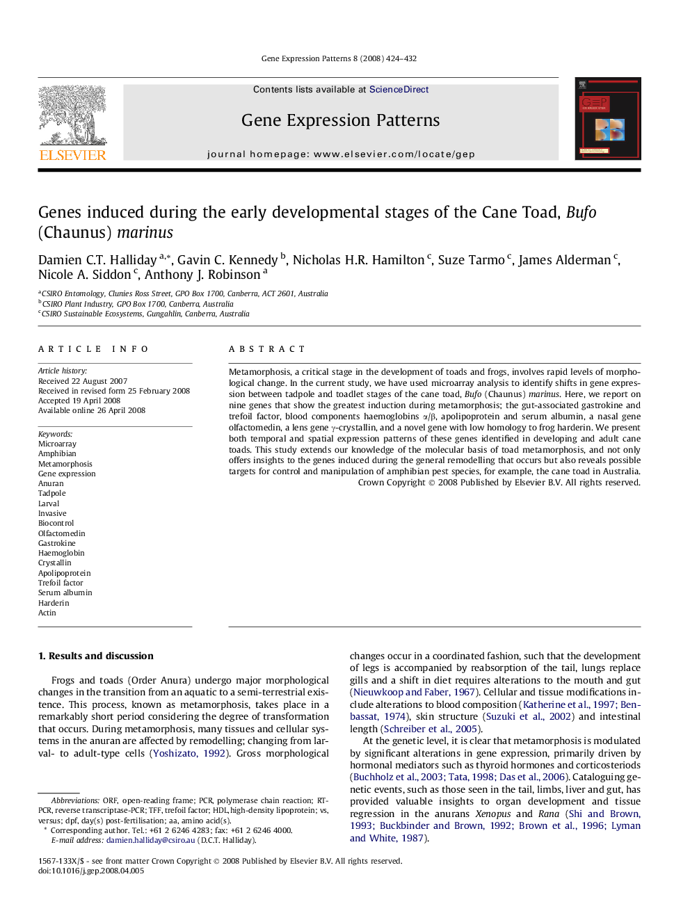 Genes induced during the early developmental stages of the Cane Toad, Bufo (Chaunus) marinus