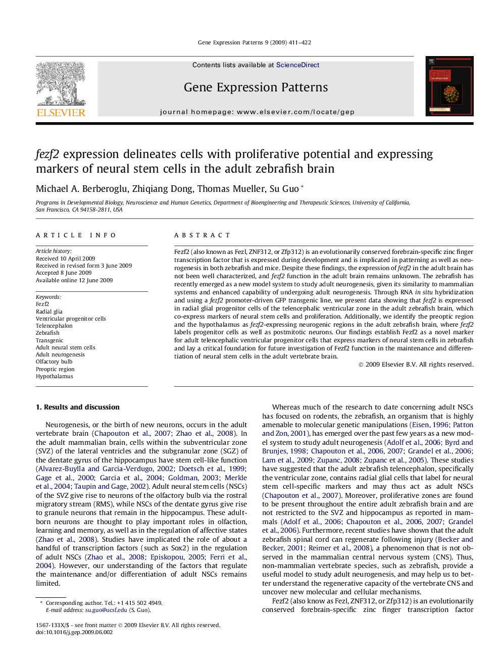 fezf2 expression delineates cells with proliferative potential and expressing markers of neural stem cells in the adult zebrafish brain