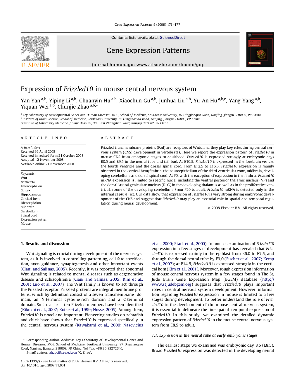 Expression of Frizzled10 in mouse central nervous system