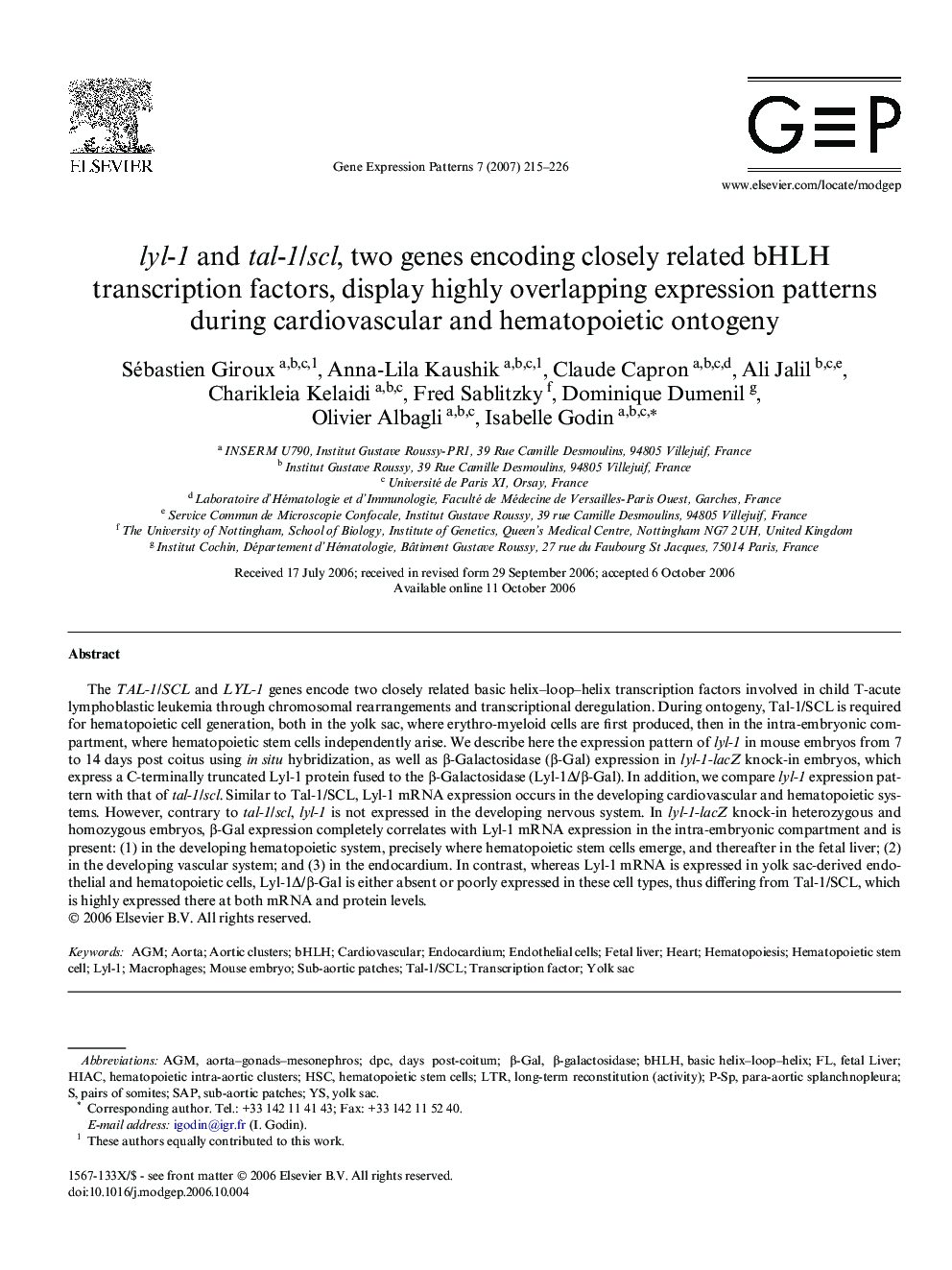 lyl-1 and tal-1/scl, two genes encoding closely related bHLH transcription factors, display highly overlapping expression patterns during cardiovascular and hematopoietic ontogeny