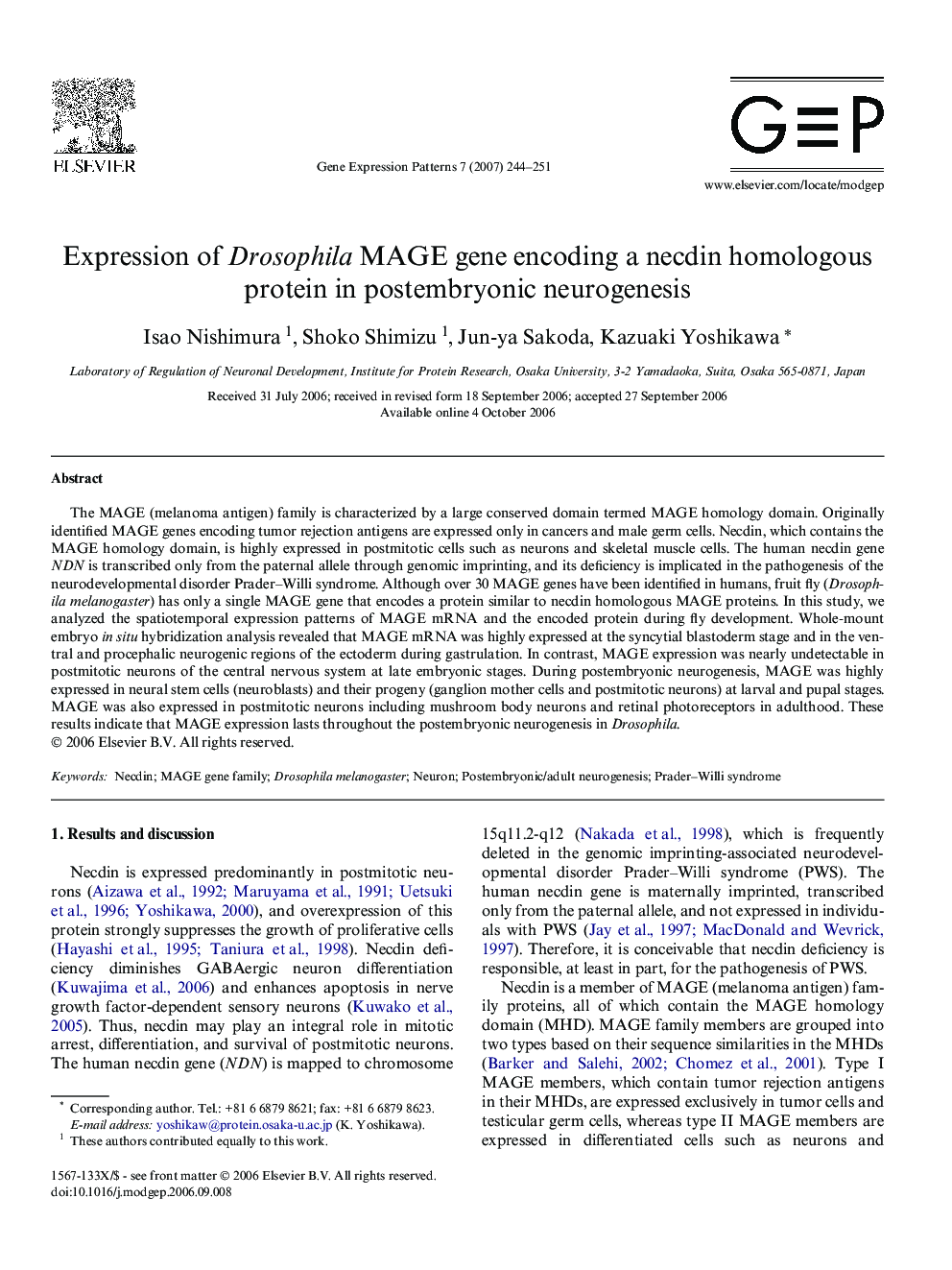 Expression of Drosophila MAGE gene encoding a necdin homologous protein in postembryonic neurogenesis