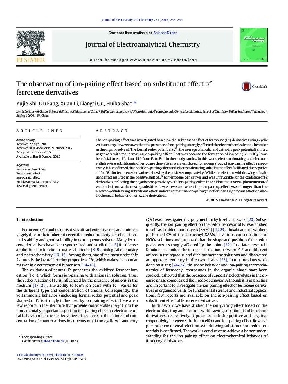 The observation of ion-pairing effect based on substituent effect of ferrocene derivatives