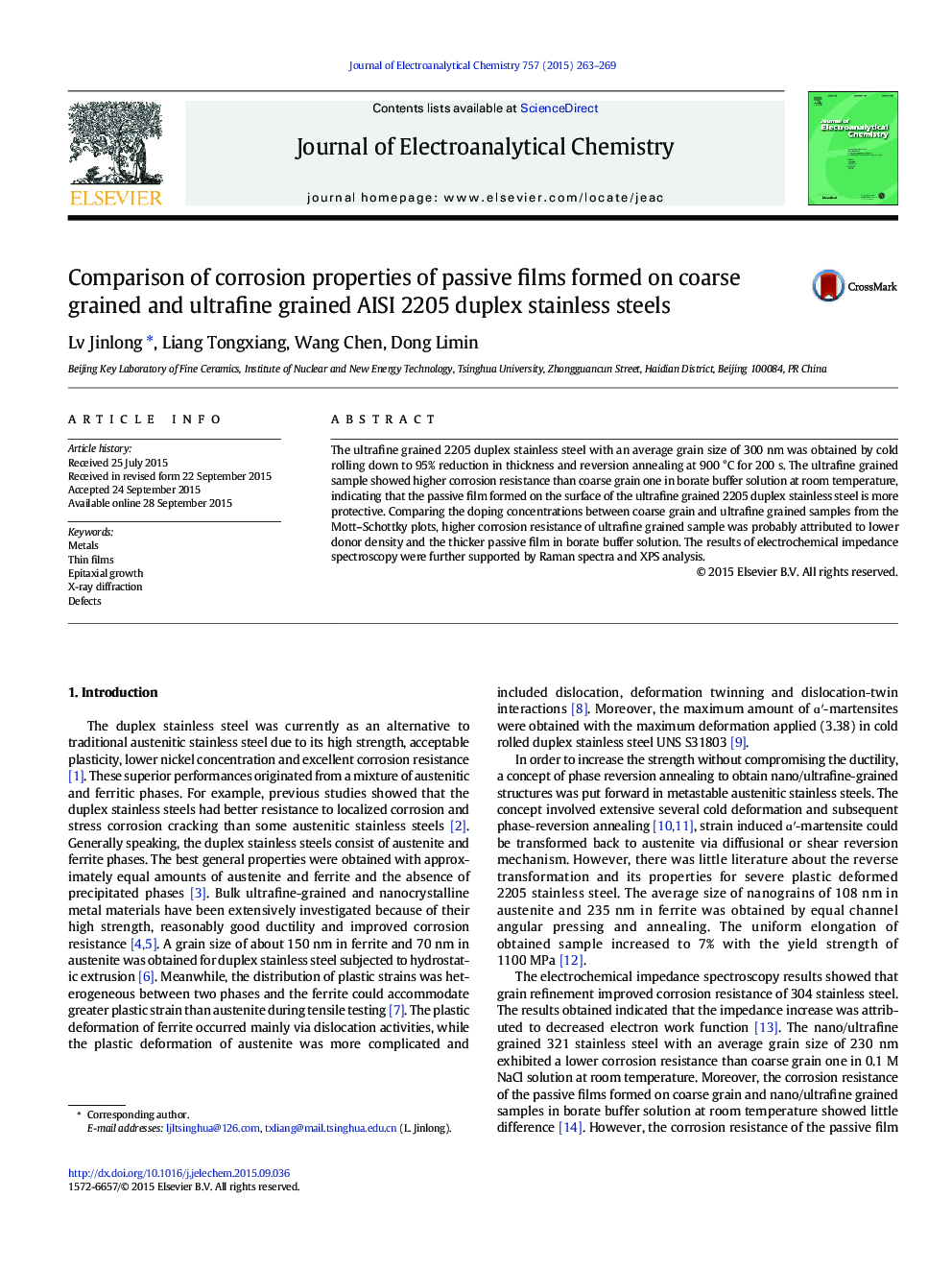 Comparison of corrosion properties of passive films formed on coarse grained and ultrafine grained AISI 2205 duplex stainless steels