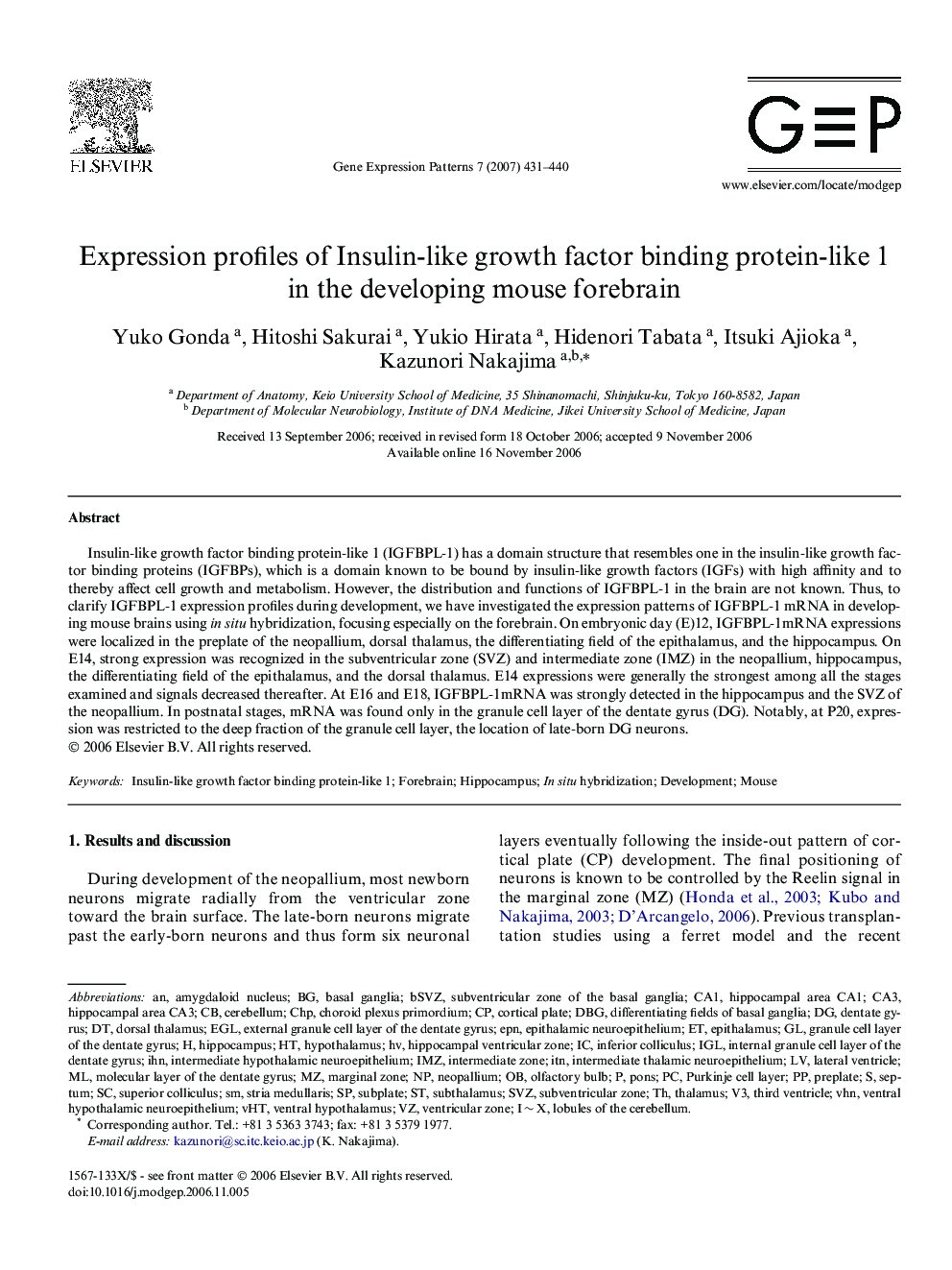 Expression profiles of Insulin-like growth factor binding protein-like 1 in the developing mouse forebrain