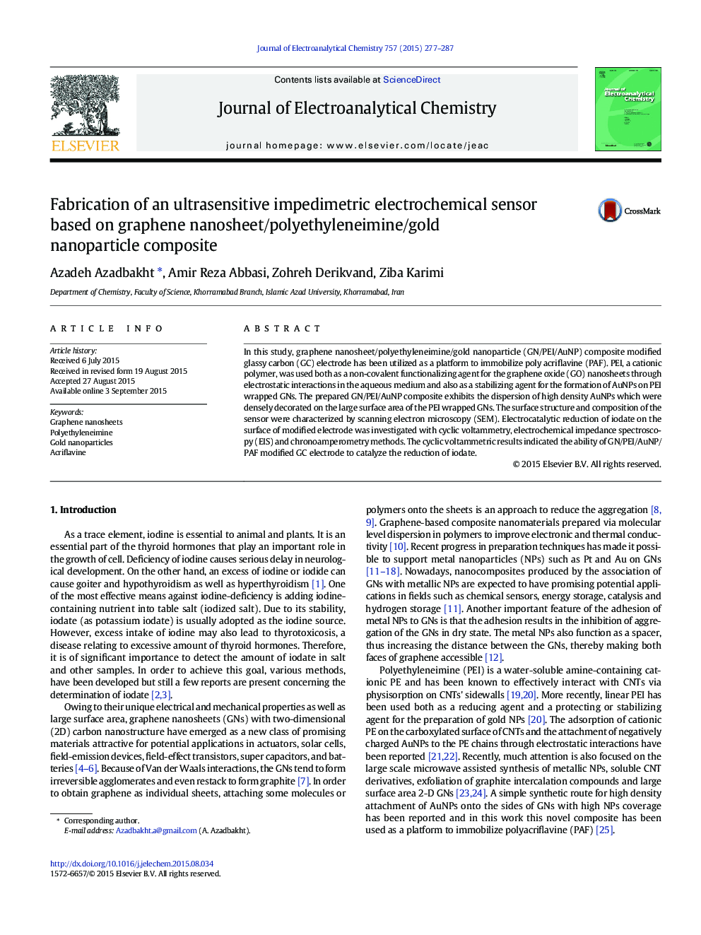 Fabrication of an ultrasensitive impedimetric electrochemical sensor based on graphene nanosheet/polyethyleneimine/gold nanoparticle composite