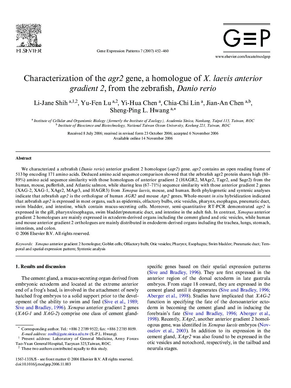 Characterization of the agr2 gene, a homologue of X. laevis anterior gradient 2, from the zebrafish, Danio rerio