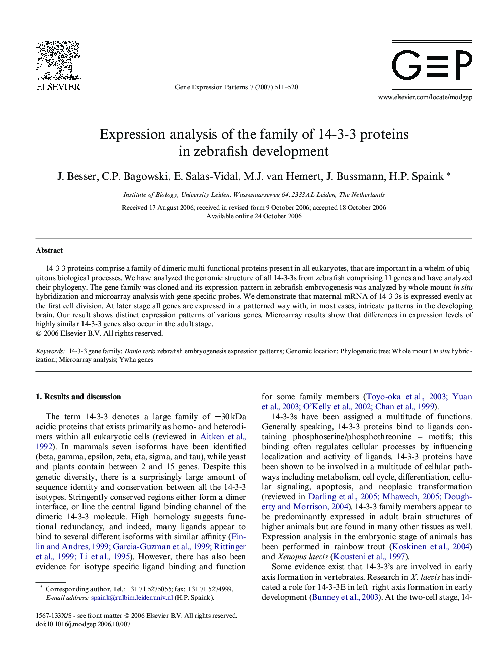 Expression analysis of the family of 14-3-3 proteins in zebrafish development
