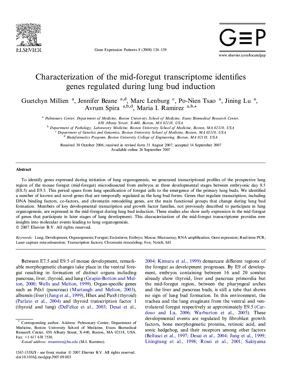 Characterization of the mid-foregut transcriptome identifies genes regulated during lung bud induction