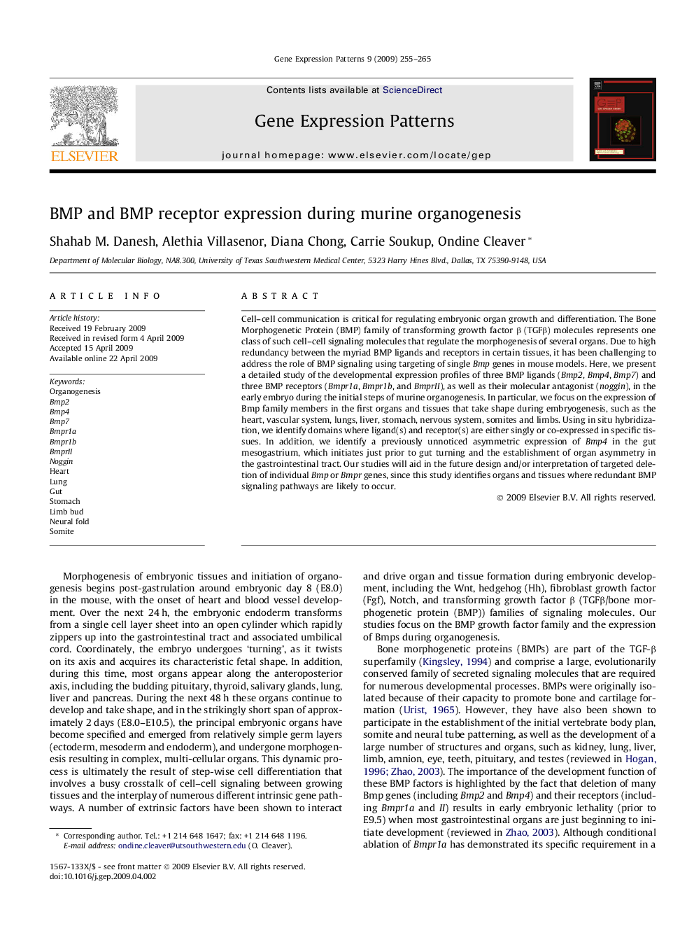 BMP and BMP receptor expression during murine organogenesis