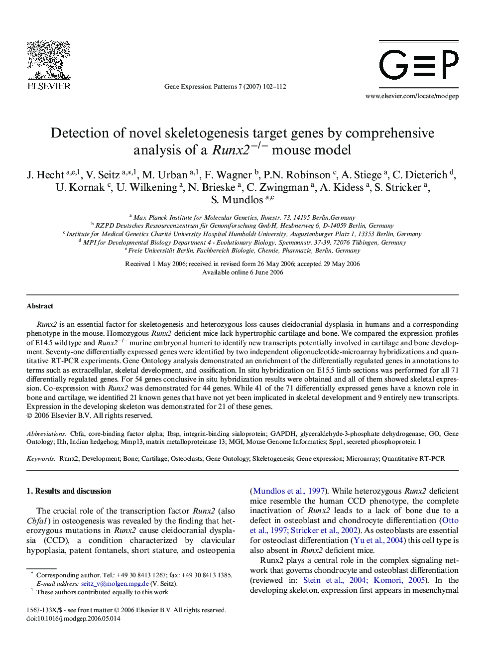 Detection of novel skeletogenesis target genes by comprehensive analysis of a Runx2−/− mouse model