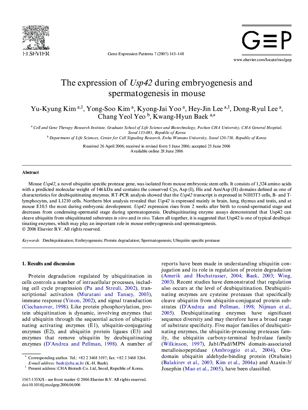 The expression of Usp42 during embryogenesis and spermatogenesis in mouse