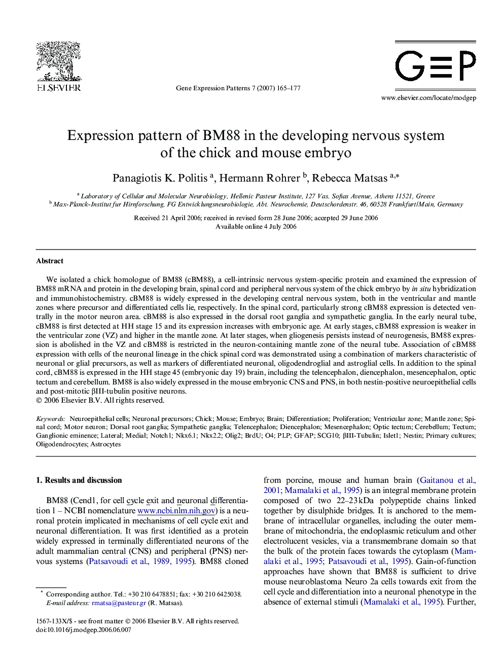 Expression pattern of BM88 in the developing nervous system of the chick and mouse embryo