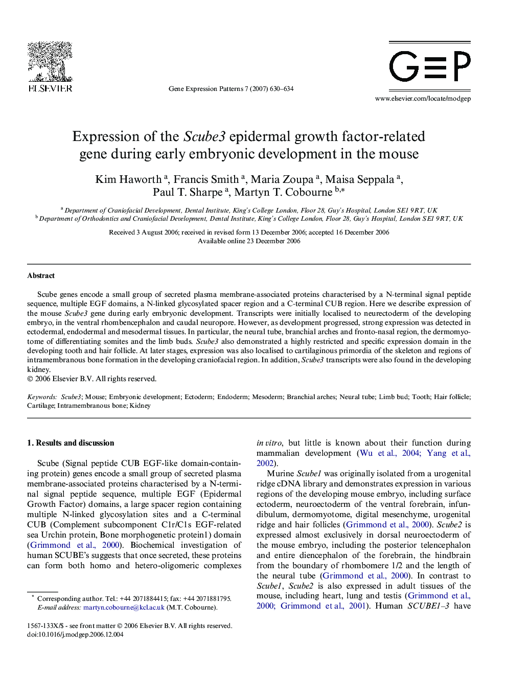 Expression of the Scube3 epidermal growth factor-related gene during early embryonic development in the mouse