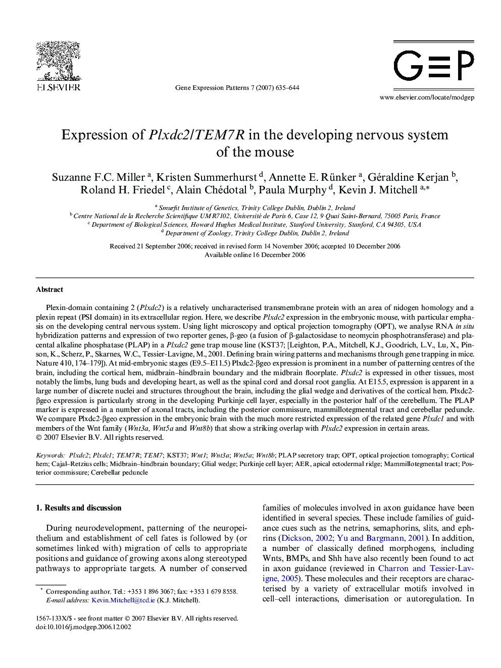 Expression of Plxdc2/TEM7R in the developing nervous system of the mouse