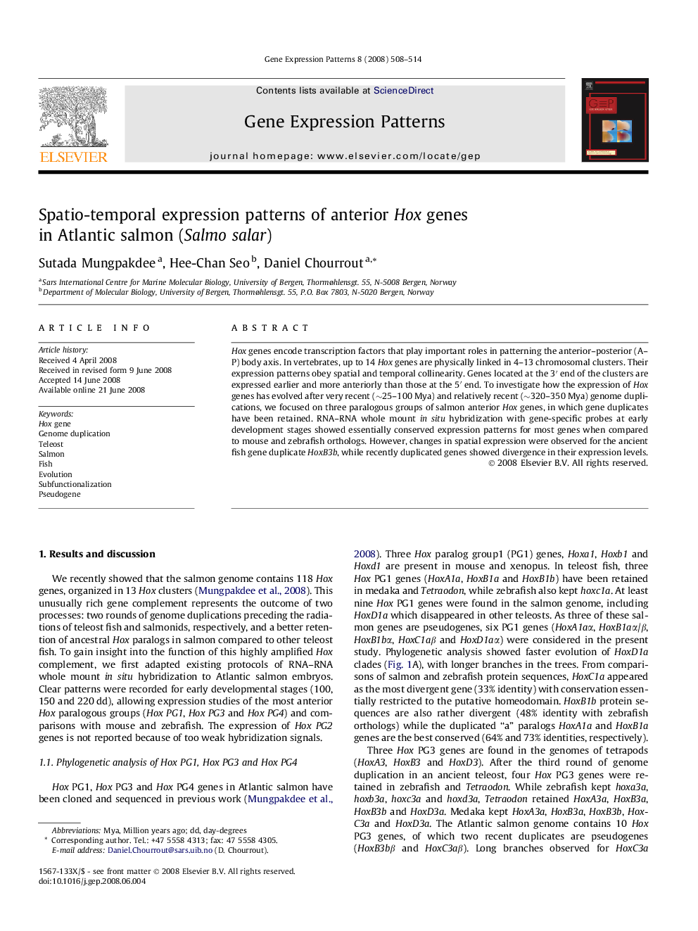 Spatio-temporal expression patterns of anterior Hox genes in Atlantic salmon (Salmo salar)