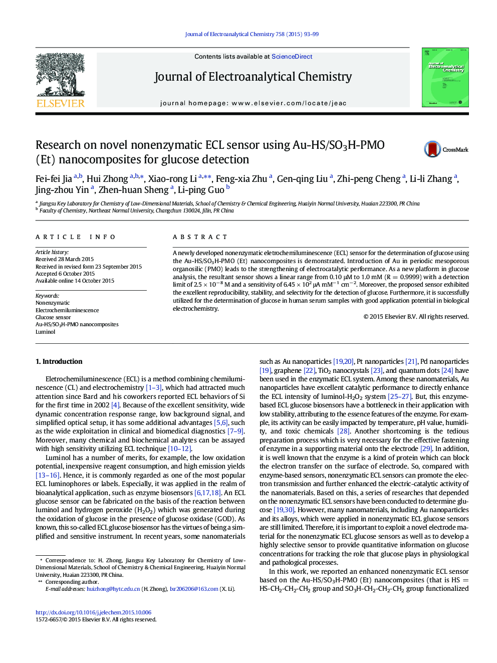 Research on novel nonenzymatic ECL sensor using Au-HS/SO3H-PMO (Et) nanocomposites for glucose detection