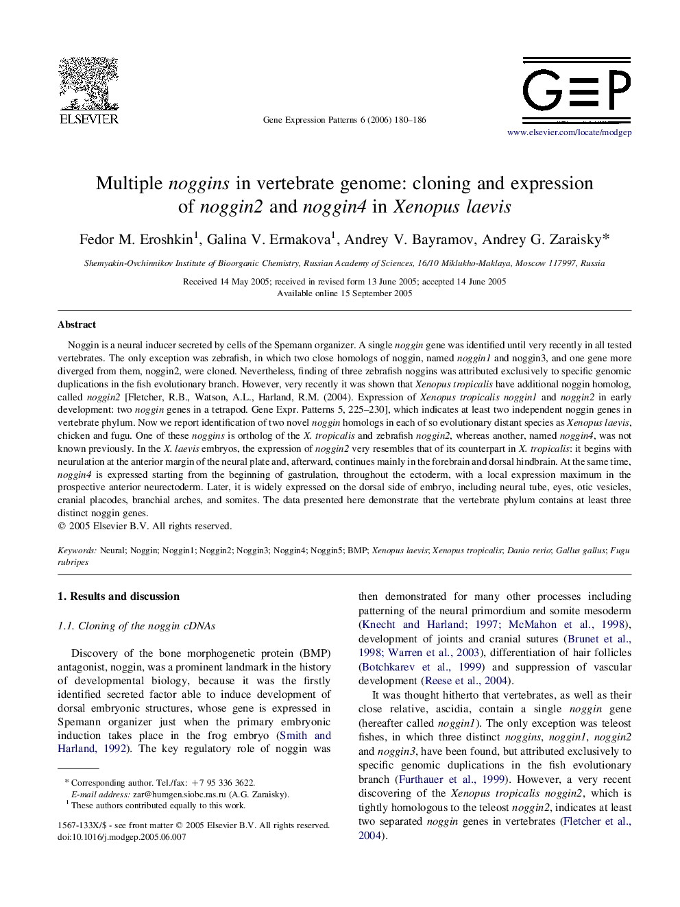 Multiple noggins in vertebrate genome: cloning and expression of noggin2 and noggin4 in Xenopus laevis