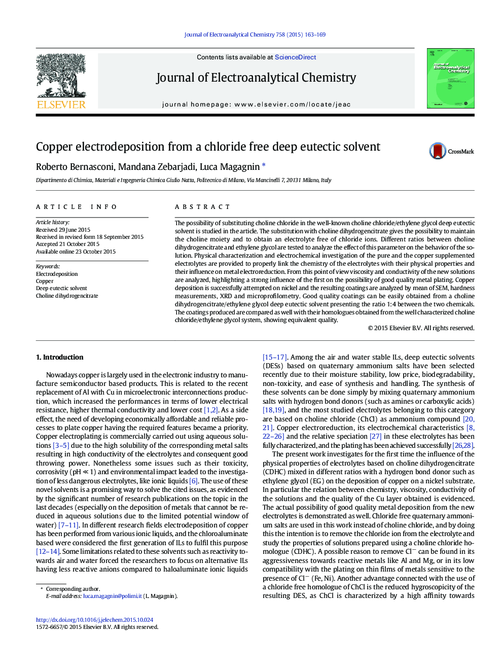 Copper electrodeposition from a chloride free deep eutectic solvent