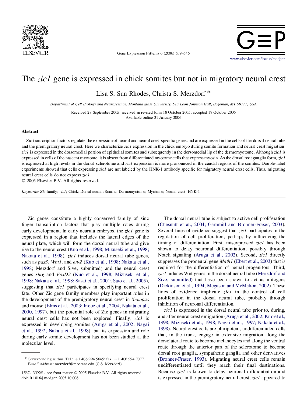 The zic1 gene is expressed in chick somites but not in migratory neural crest