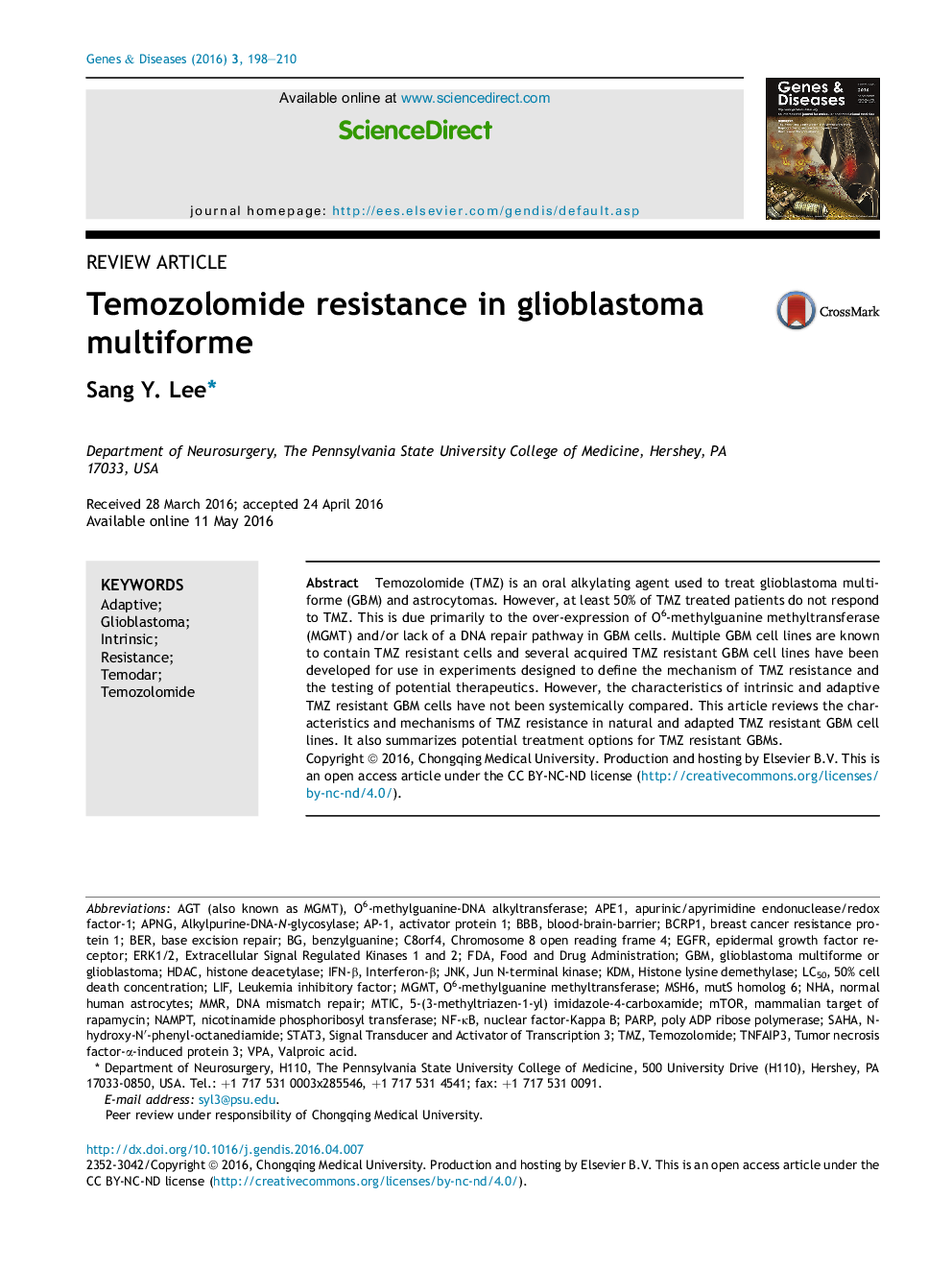 Temozolomide resistance in glioblastoma multiforme 