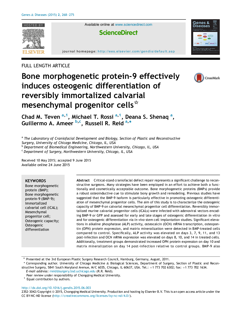 Bone morphogenetic protein-9 effectively induces osteogenic differentiation of reversibly immortalized calvarial mesenchymal progenitor cells 