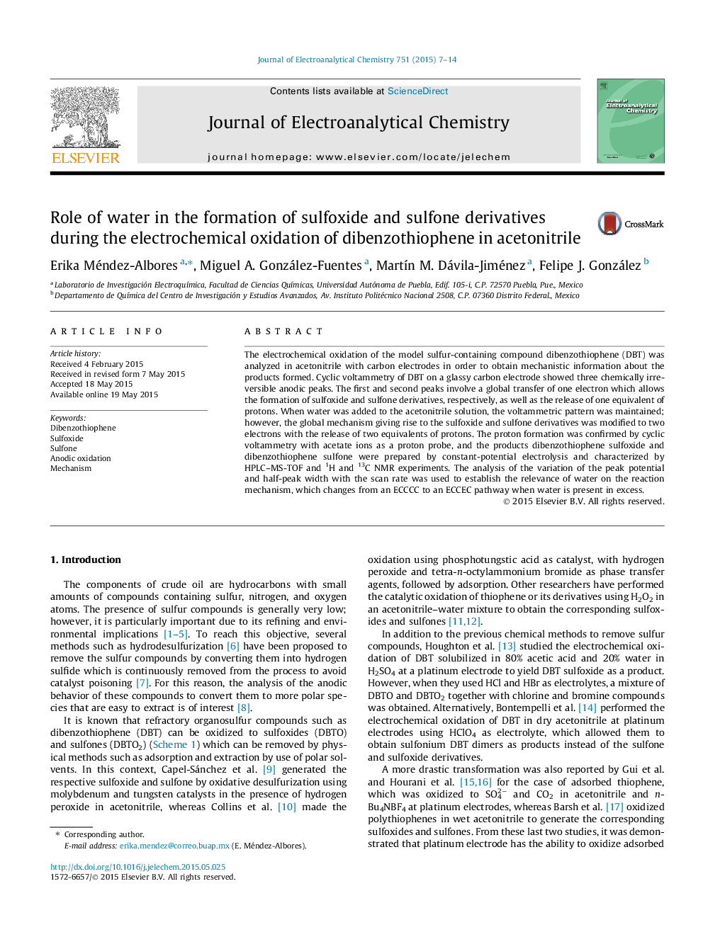 Role of water in the formation of sulfoxide and sulfone derivatives during the electrochemical oxidation of dibenzothiophene in acetonitrile