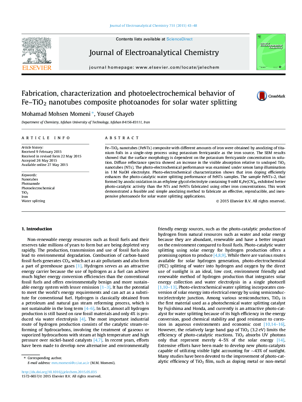 Fabrication, characterization and photoelectrochemical behavior of Fe–TiO2 nanotubes composite photoanodes for solar water splitting