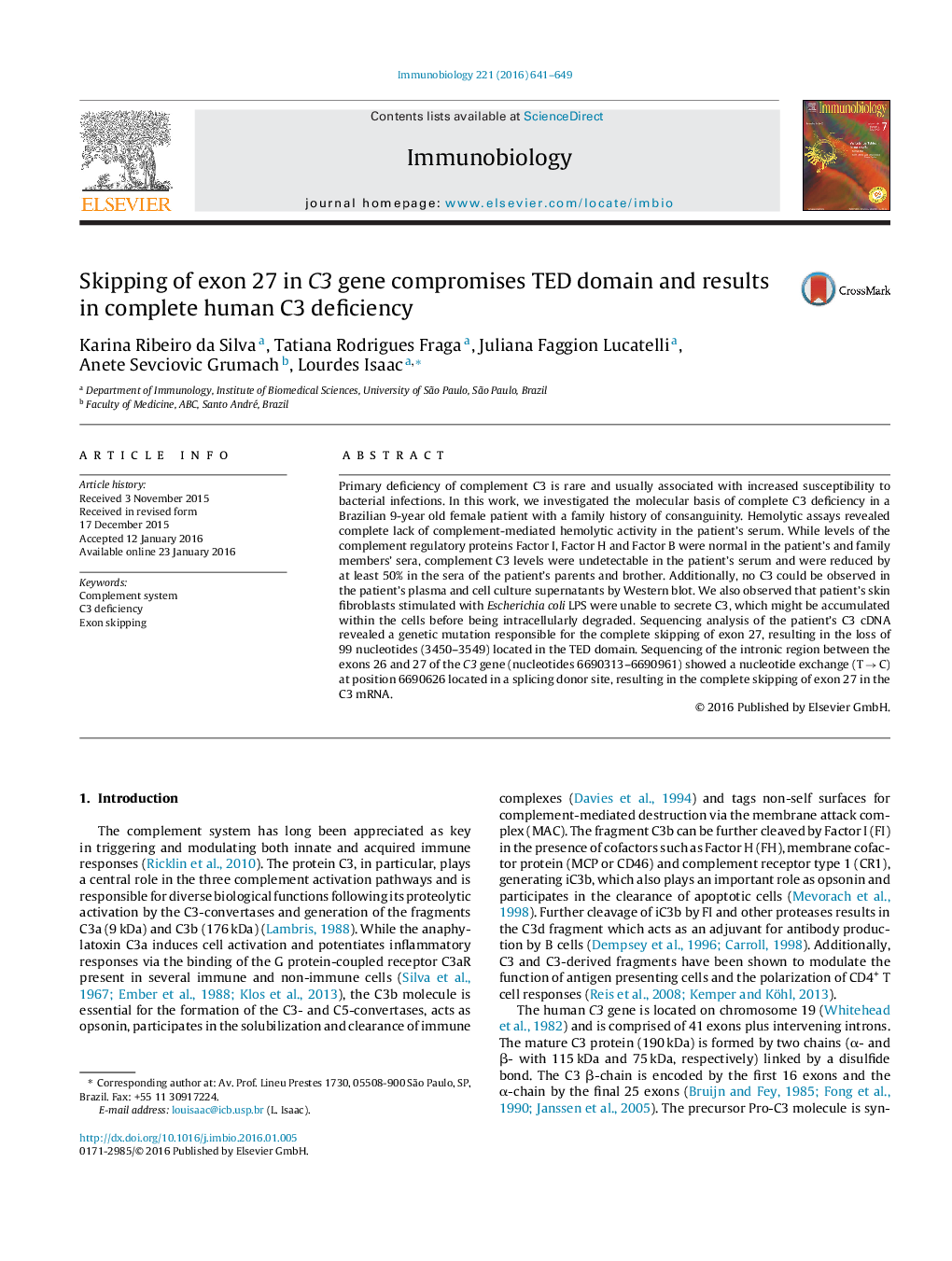 Skipping of exon 27 in C3 gene compromises TED domain and results in complete human C3 deficiency