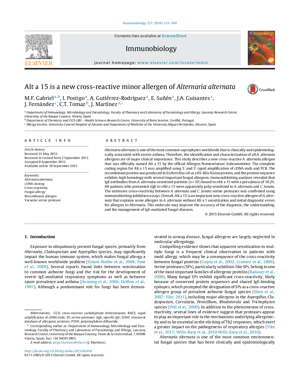 Alt a 15 is a new cross-reactive minor allergen of Alternaria alternata