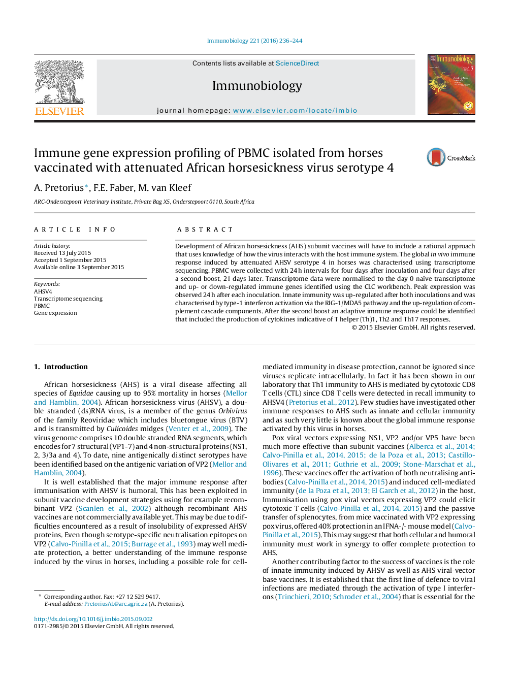 Immune gene expression profiling of PBMC isolated from horses vaccinated with attenuated African horsesickness virus serotype 4