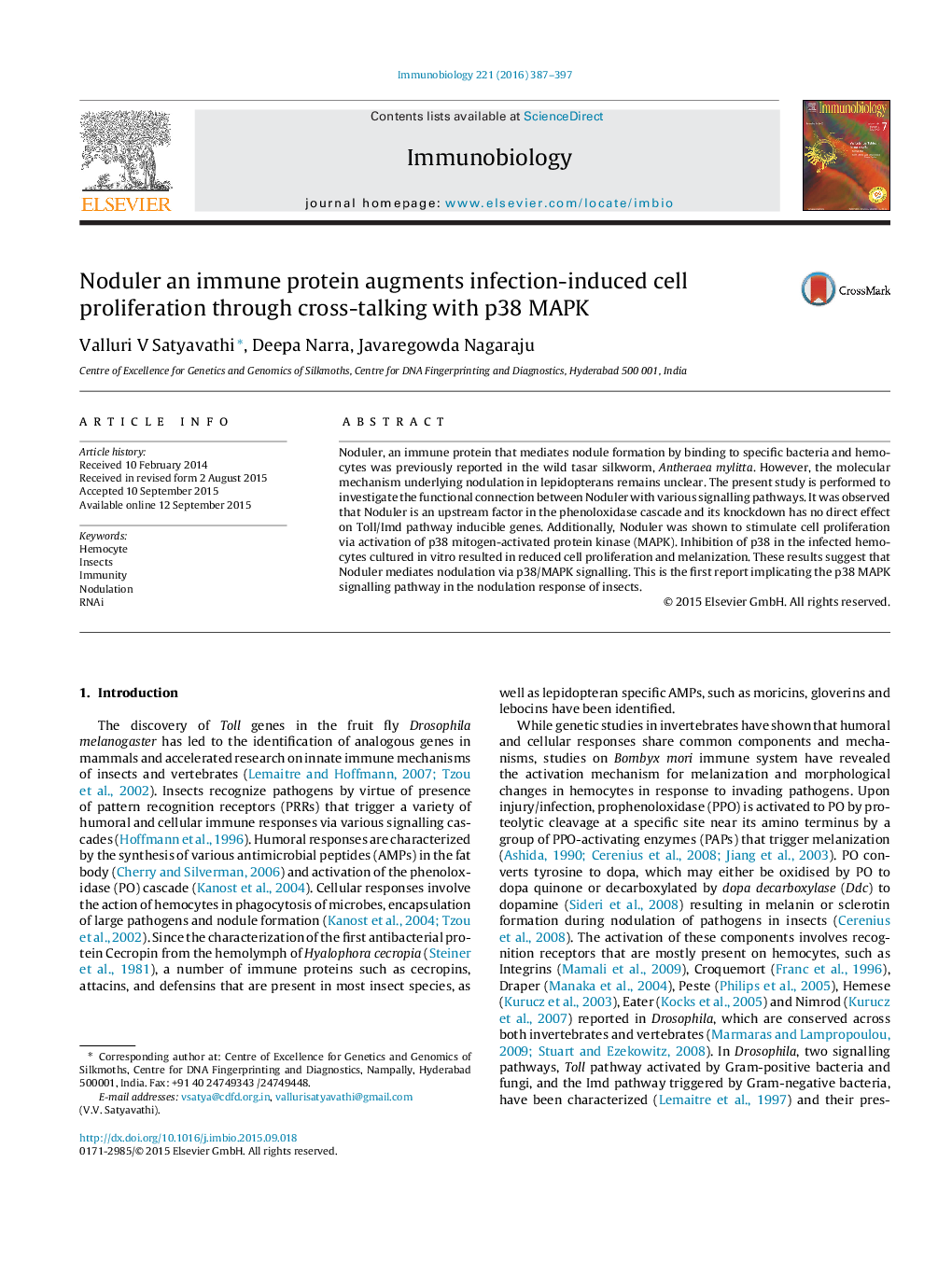 Noduler an immune protein augments infection-induced cell proliferation through cross-talking with p38 MAPK