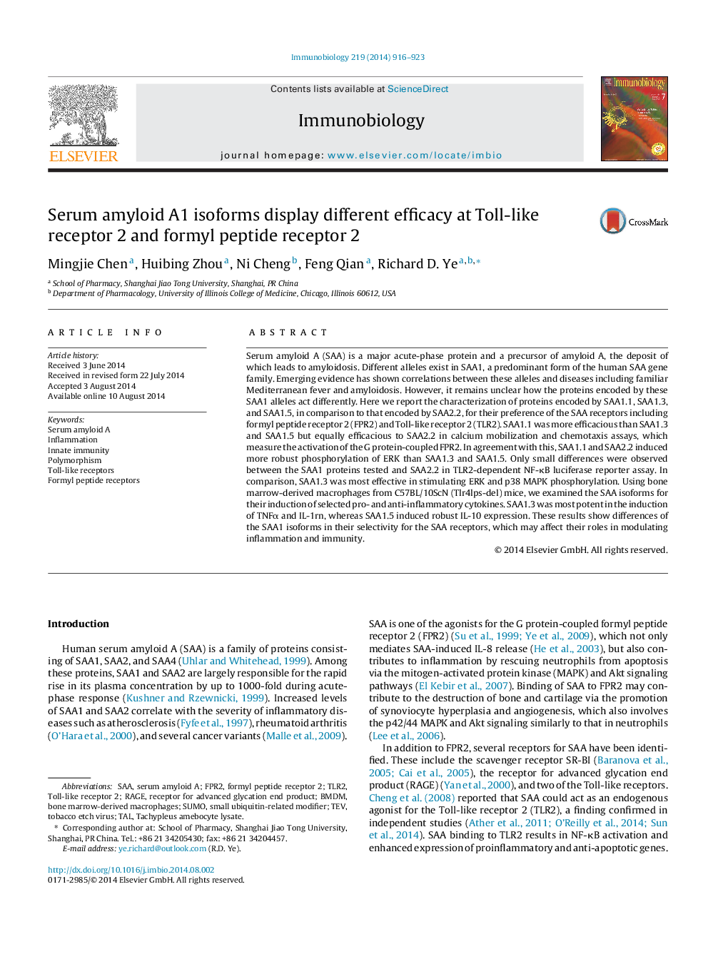 Serum amyloid A1 isoforms display different efficacy at Toll-like receptor 2 and formyl peptide receptor 2