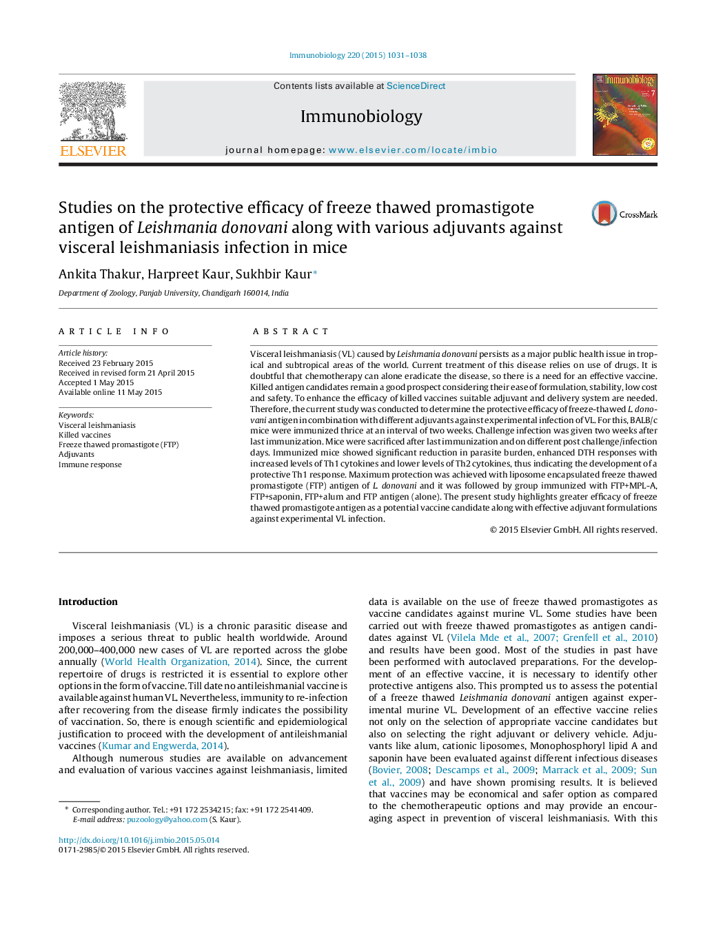 عکس صفحه اول مقاله: Studies on the protective efficacy of freeze thawed promastigote antigen of Leishmania donovani along with various adjuvants against visceral leishmaniasis infection in mice Studies on the protective efficacy of freeze thawed promastigote antigen of Leishmania donovani along with various adjuvants against visceral leishmaniasis infection in mice