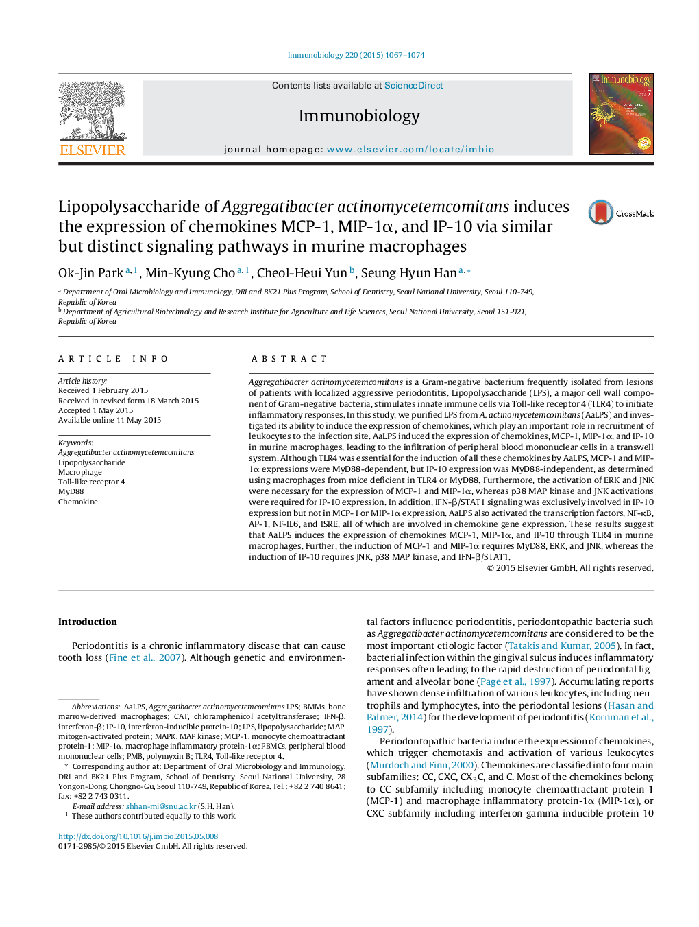 Lipopolysaccharide of Aggregatibacter actinomycetemcomitans induces the expression of chemokines MCP-1, MIP-1α, and IP-10 via similar but distinct signaling pathways in murine macrophages