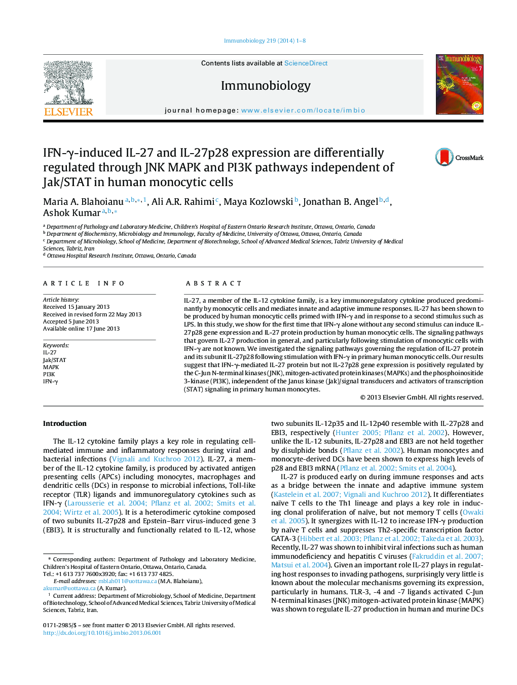 IFN-γ-induced IL-27 and IL-27p28 expression are differentially regulated through JNK MAPK and PI3K pathways independent of Jak/STAT in human monocytic cells