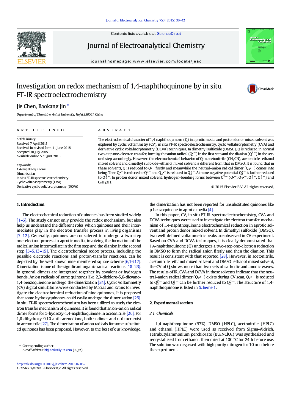 Investigation on redox mechanism of 1,4-naphthoquinone by in situ FT-IR spectroelectrochemistry