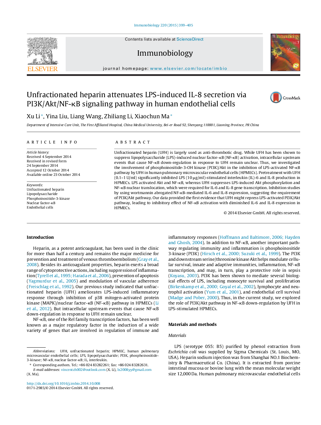 Unfractionated heparin attenuates LPS-induced IL-8 secretion via PI3K/Akt/NF-κB signaling pathway in human endothelial cells