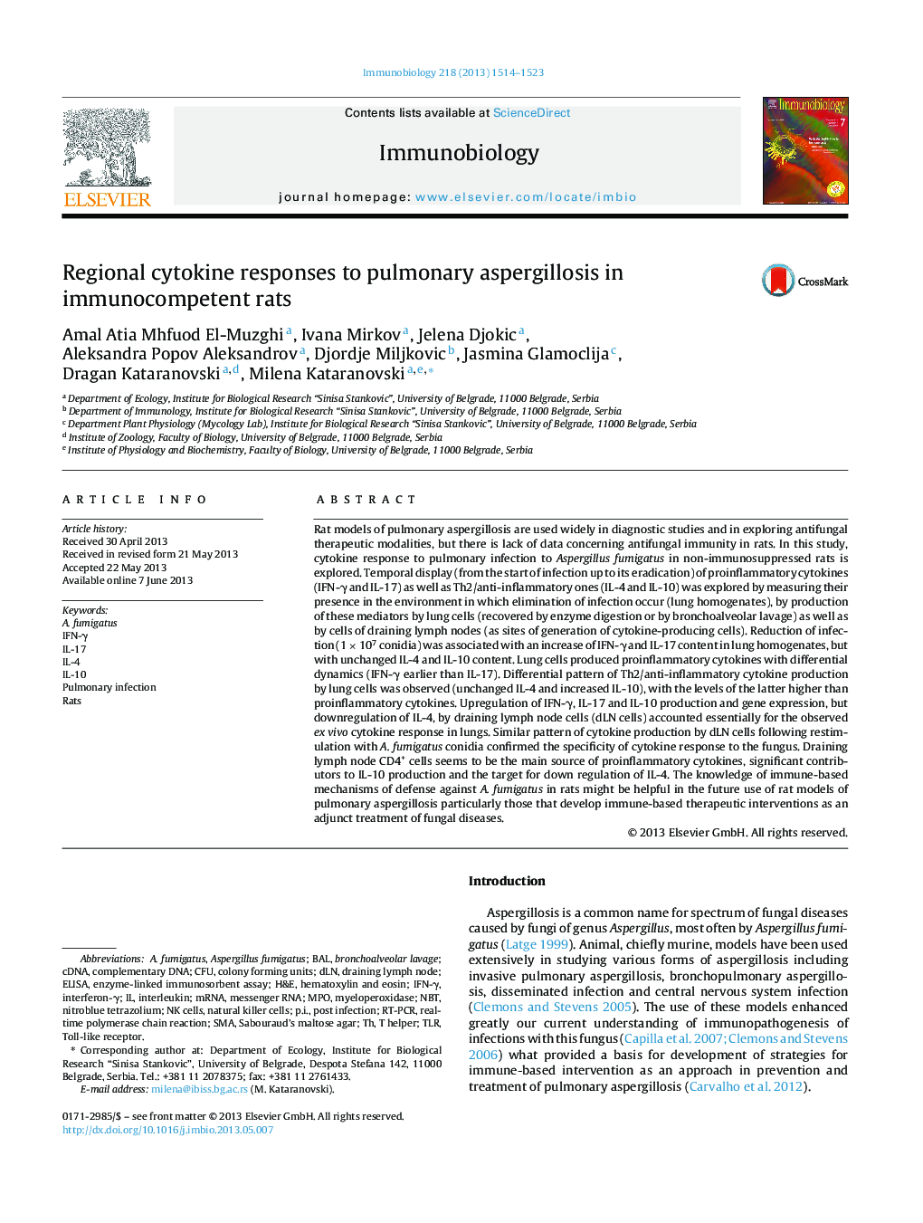 Regional cytokine responses to pulmonary aspergillosis in immunocompetent rats