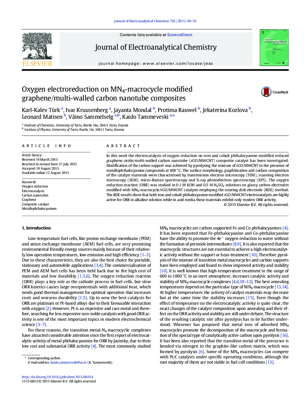 Oxygen electroreduction on MN4-macrocycle modified graphene/multi-walled carbon nanotube composites