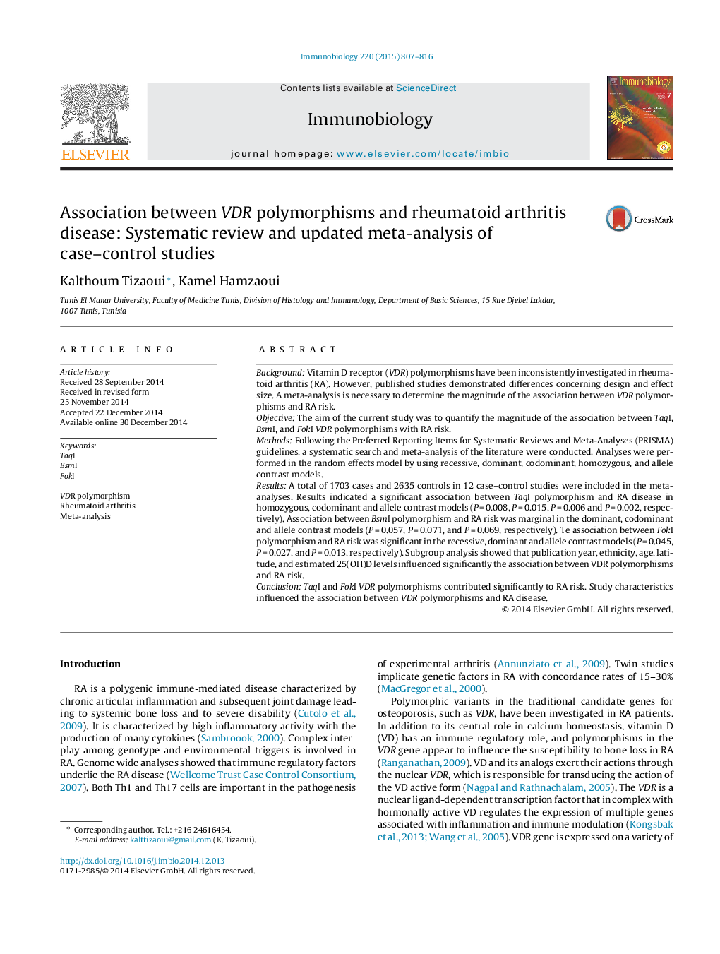 Association between VDR polymorphisms and rheumatoid arthritis disease: Systematic review and updated meta-analysis of case–control studies