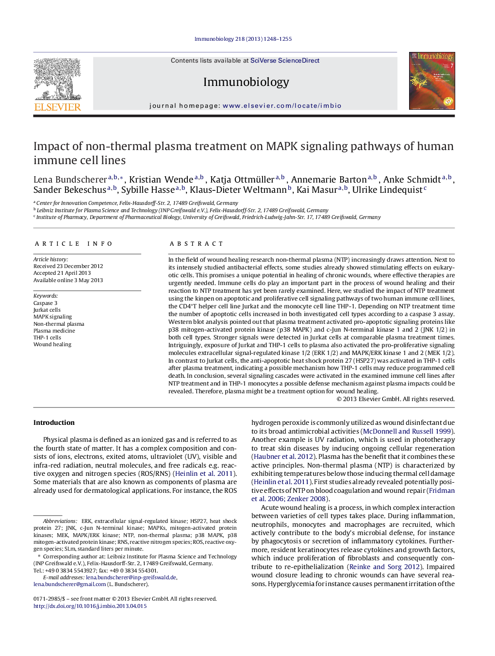 Impact of non-thermal plasma treatment on MAPK signaling pathways of human immune cell lines