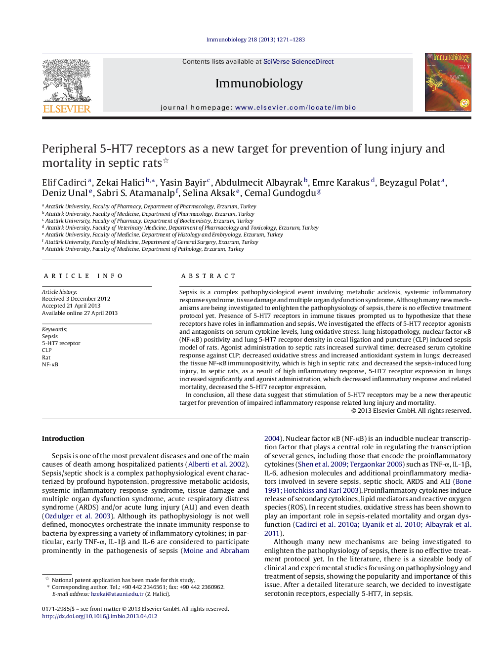 Peripheral 5-HT7 receptors as a new target for prevention of lung injury and mortality in septic rats 